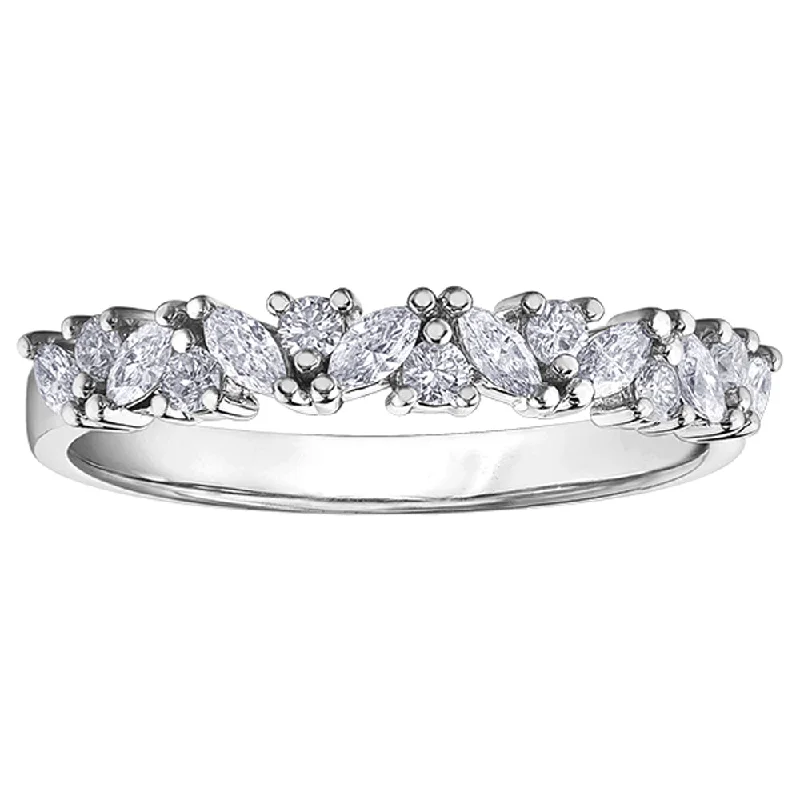 Anniversary rings with a diamond - and - opal combinationRound and Marquise Diamond Band