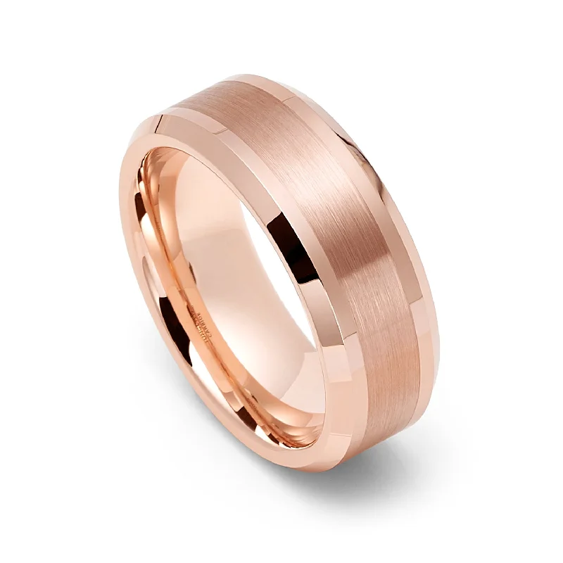 Women's 18K Gold Solitaire Diamond Ring for an Elegant Everyday Look8mm - Rose Gold Tungsten Carbide Ring High Polished Beveled Edges Brushed Center, Women's 18K Gold Solitaire Diamond Ring for an Elegant Everyday Look8mm - Rose Gold Tungsten Carbide Ring High Polished Beveled Edges Brushed Center,