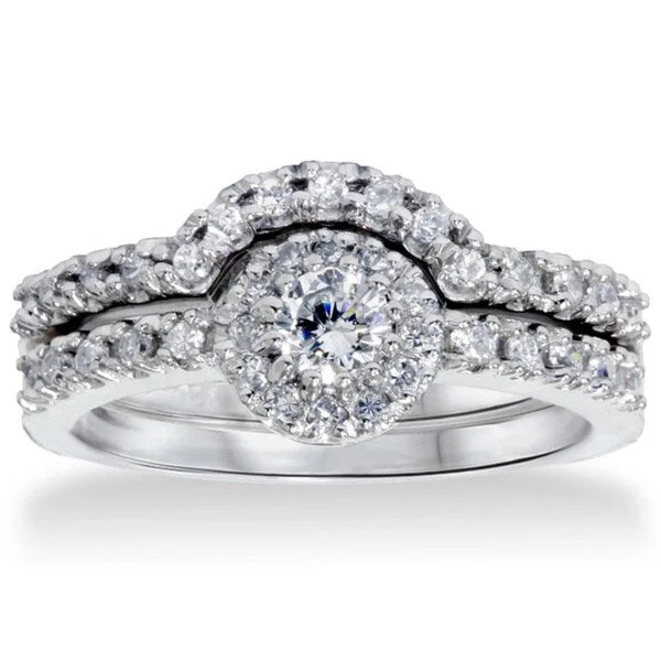 Three - Stone Women's Diamond Rings Symbolizing Past, Present, and Future with Emerald - Cut Diamonds14k White Gold 1ct TDW Diamond Halo Bridal Set Three - Stone Women's Diamond Rings Symbolizing Past, Present, and Future with Emerald - Cut Diamonds14k White Gold 1ct TDW Diamond Halo Bridal Set