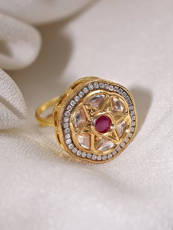 Art Deco - Inspired Women's Rings with Geometric Shapes in 14K GoldRubans 22K Gold plated kundan studded statement ring Art Deco - Inspired Women's Rings with Geometric Shapes in 14K GoldRubans 22K Gold plated kundan studded statement ring