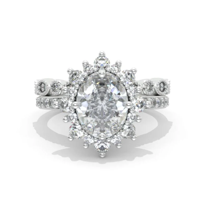 2 Carat Oval Moissanite Halo Vintage 14K White Gold Engagement Ring Set