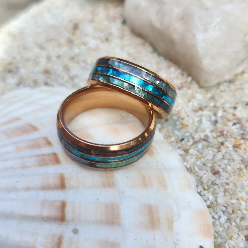 Men's Damascus - steel rings with a unique patternPAUA SHELL & OPAL INLAY WATERPROOF 18K GOLD MEN'S RING Men's Damascus - steel rings with a unique patternPAUA SHELL & OPAL INLAY WATERPROOF 18K GOLD MEN'S RING