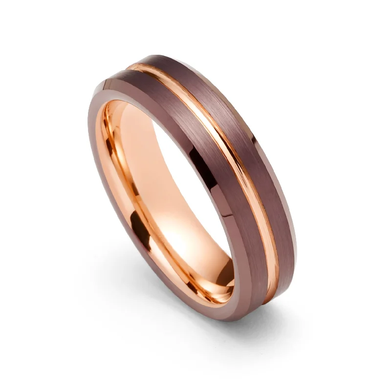 Vintage - Inspired Filigree - Design Women's Rings in Sterling Silver6mm - Espresso & Rose Gold Groove Ring, Tungsten Carbide Wedding Band Vintage - Inspired Filigree - Design Women's Rings in Sterling Silver6mm - Espresso & Rose Gold Groove Ring, Tungsten Carbide Wedding Band