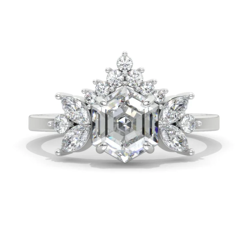 3 Carat Hexagon Moissanite Cluster Halo 14K White Gold Engagement Ring
