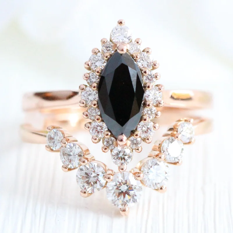 Halo - Style Women's Diamond Rings with a Center Diamond Surrounded by Smaller Diamonds in 18K GoldTiara Halo Marquise Black Diamond Stack w/ Large 7 Diamond Curved Tapered Band Halo - Style Women's Diamond Rings with a Center Diamond Surrounded by Smaller Diamonds in 18K GoldTiara Halo Marquise Black Diamond Stack w/ Large 7 Diamond Curved Tapered Band