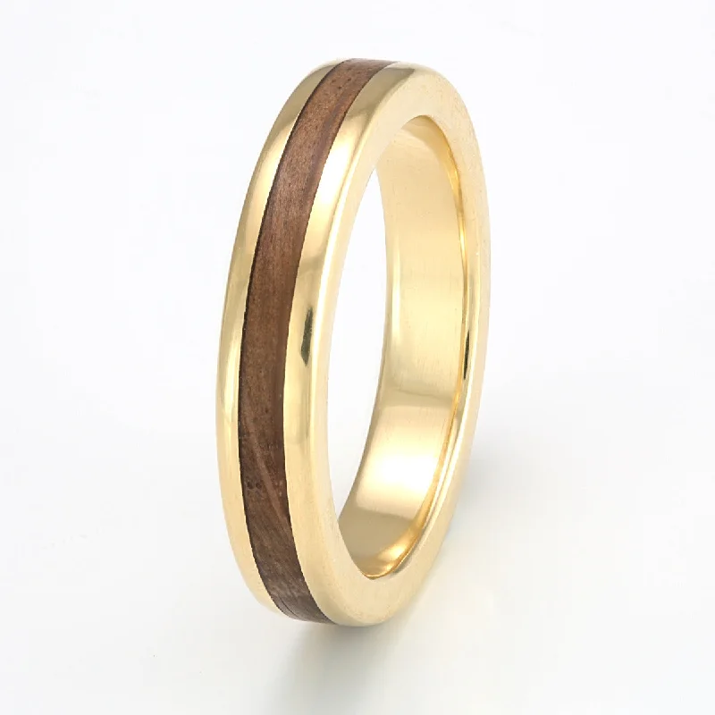 Men's hematite - ring for a metallic gray luster18ct Yellow Gold Ring 4mm Flat with Wood Inlay