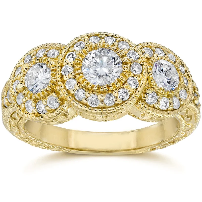 Signature - Design Women's Diamond Rings with a Brand - Specific Pattern and High - Quality Diamonds14k Yellow Gold 1 1/2ct TDW Antique Diamond 3 Stone Engagement Ring Signature - Design Women's Diamond Rings with a Brand - Specific Pattern and High - Quality Diamonds14k Yellow Gold 1 1/2ct TDW Antique Diamond 3 Stone Engagement Ring