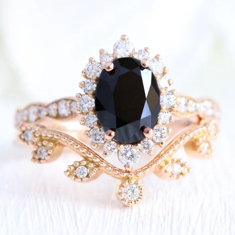 Pear - Shaped Women's Diamond Rings in Yellow Gold with a Single - Diamond Pendant LookTiara Halo Oval Black Diamond Ring Set w/ Curved Leaf Diamond Wedding Band Pear - Shaped Women's Diamond Rings in Yellow Gold with a Single - Diamond Pendant LookTiara Halo Oval Black Diamond Ring Set w/ Curved Leaf Diamond Wedding Band