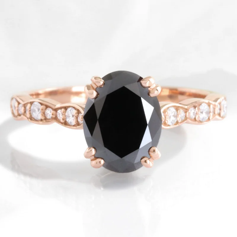 Cushion - Cut Women's Diamond Rings in Platinum with a Soft and Romantic Appearance2 Ct. Oval Black Diamond Ring in Grace Solitaire Scalloped Band Cushion - Cut Women's Diamond Rings in Platinum with a Soft and Romantic Appearance2 Ct. Oval Black Diamond Ring in Grace Solitaire Scalloped Band