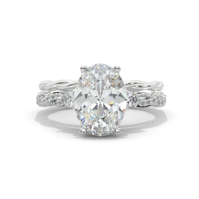 14K White Gold 3 Carat Oval Moissanite Rope Engagement Ring Eternity Ring Set