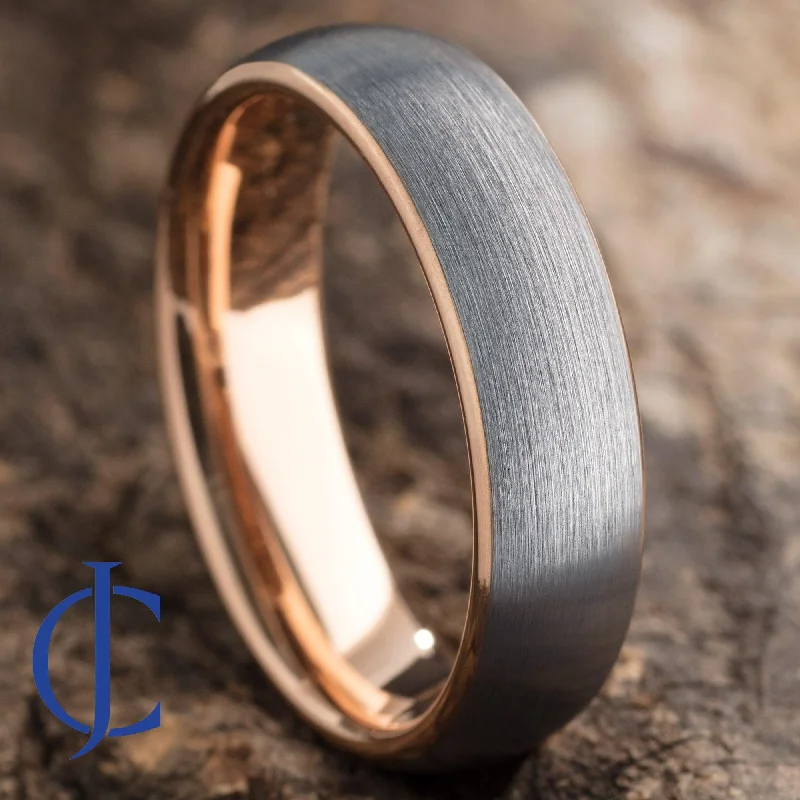 Statement - Making Cocktail Rings for Women with Large Cubic ZirconiaAEGIS ROSE - Rose Gold and Silver Brushed Tungsten Ring - 6mm Statement - Making Cocktail Rings for Women with Large Cubic ZirconiaAEGIS ROSE - Rose Gold and Silver Brushed Tungsten Ring - 6mm