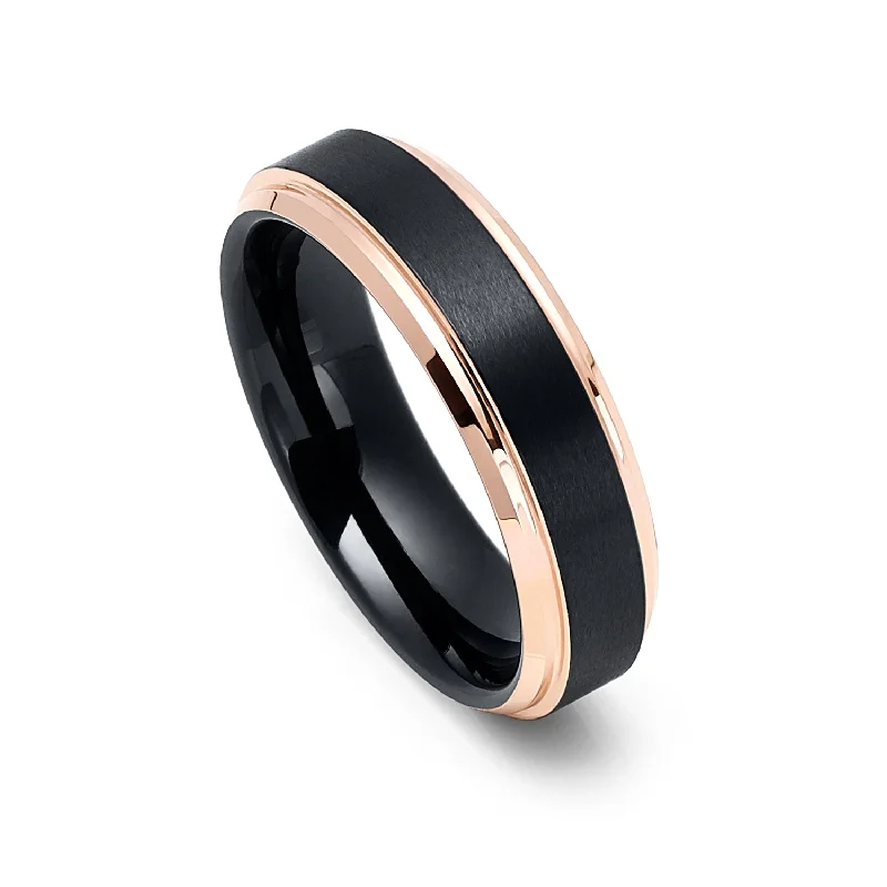Diamond - Encrusted Women's Rings for Special Occasions in 18K Gold6mm - Rose Gold Tungsten Band Stepped Edges Brushed Black Center Diamond - Encrusted Women's Rings for Special Occasions in 18K Gold6mm - Rose Gold Tungsten Band Stepped Edges Brushed Black Center