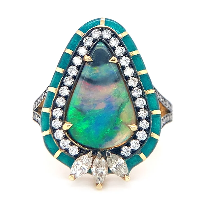 Women's Diamond Rings with Side - Stone Pave Setting for a Sparkling and Continuous ShineOpal, Diamond, & Enamel Ring - "Glittering Peacock" Women's Diamond Rings with Side - Stone Pave Setting for a Sparkling and Continuous ShineOpal, Diamond, & Enamel Ring - "Glittering Peacock"