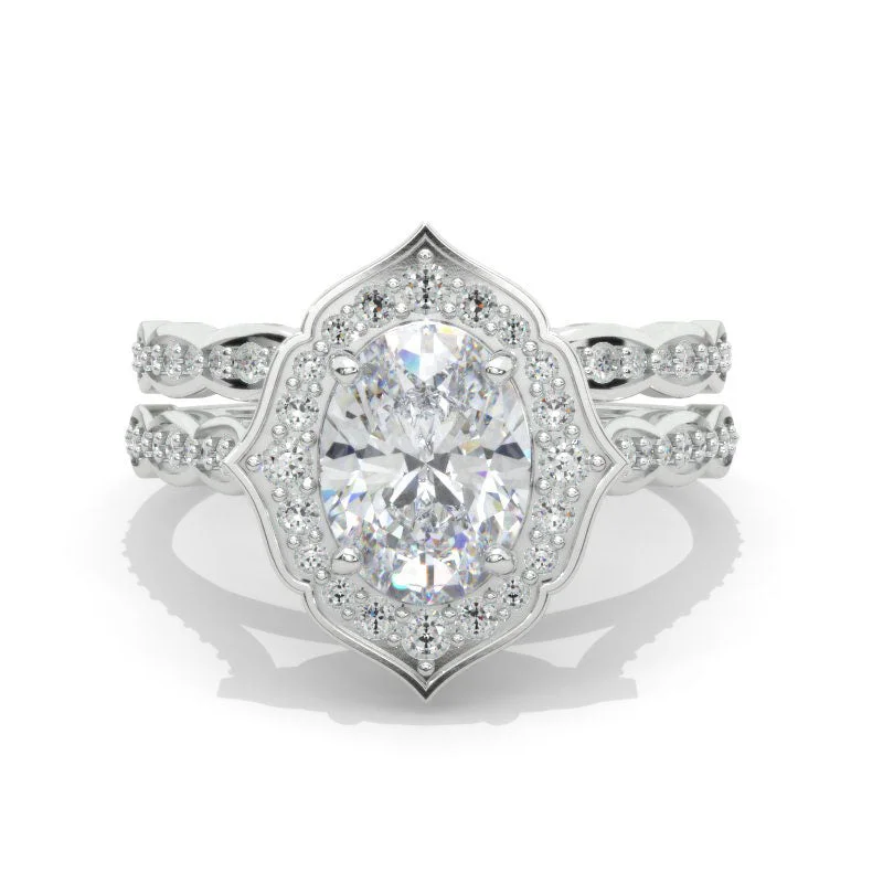 14K White Gold 1.5 Carat Oval Moissanite Halo Engagement Ring Eternity Ring Set