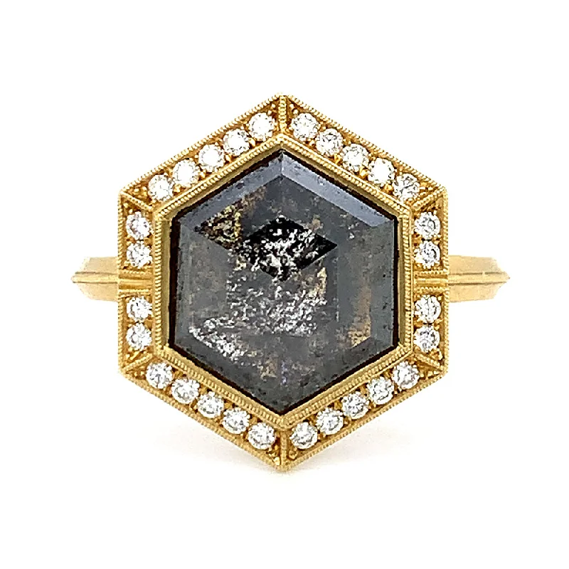 Women's Diamond Rings with Side - Stone Pave Setting for a Sparkling and Continuous ShineHexagon Salt and Pepper Diamond Ring - "Agatha Halo" Women's Diamond Rings with Side - Stone Pave Setting for a Sparkling and Continuous ShineHexagon Salt and Pepper Diamond Ring - "Agatha Halo"