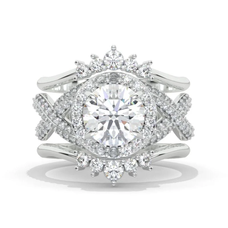 2 Carat Round Moissanite Halo 14K White Gold Twisted Shank Engagement Ring Set