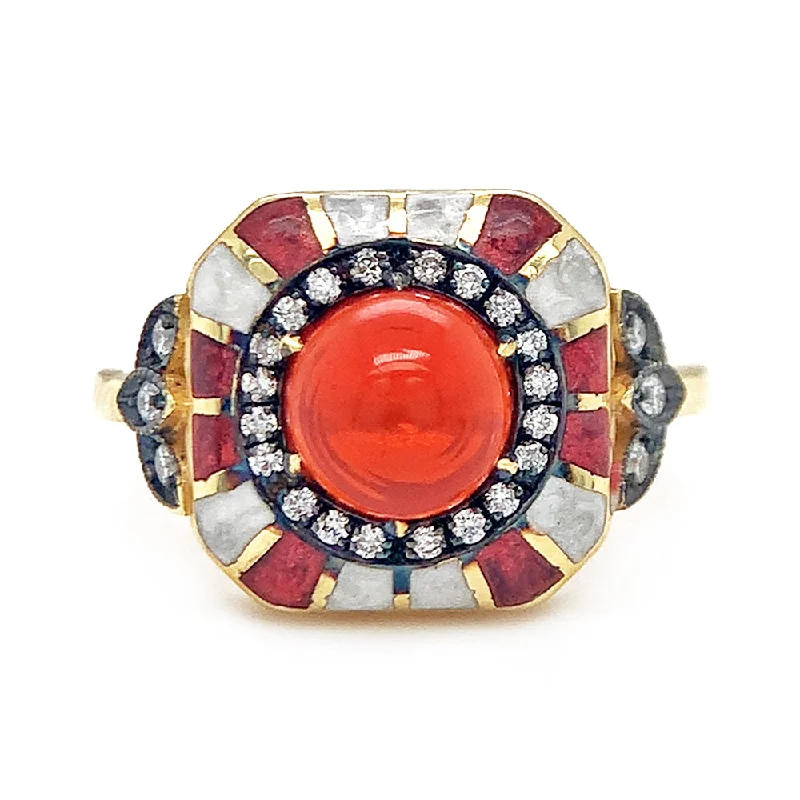 Cathedral - Style Women's Diamond Rings with a Raised Center Setting and Elaborate MetalworkFire Opal Cabochon, Diamond, & Enamel Ring - "Fireheart" Cathedral - Style Women's Diamond Rings with a Raised Center Setting and Elaborate MetalworkFire Opal Cabochon, Diamond, & Enamel Ring - "Fireheart"