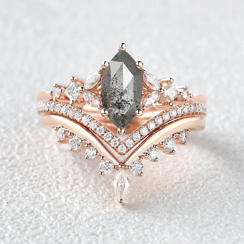 Women's Diamond Rings with Opal Inlays and Diamond Accents for a Mysterious and Iridescent LookMarquise Salt and Pepper Diamond Engagement Ring Set 3pcs Women's Diamond Rings with Opal Inlays and Diamond Accents for a Mysterious and Iridescent LookMarquise Salt and Pepper Diamond Engagement Ring Set 3pcs