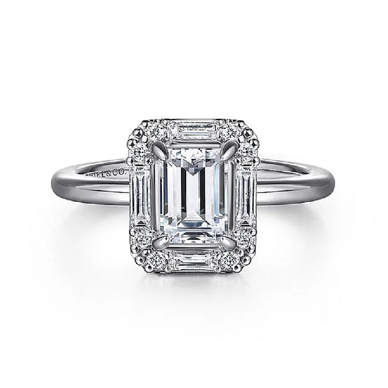 Cathedral - Style Women's Diamond Rings with a Raised Center Setting and Elaborate Metalwork14K White Gold 'Cammie' Halo Emerald Cut Diamond Engagement Ring Cathedral - Style Women's Diamond Rings with a Raised Center Setting and Elaborate Metalwork14K White Gold 'Cammie' Halo Emerald Cut Diamond Engagement Ring