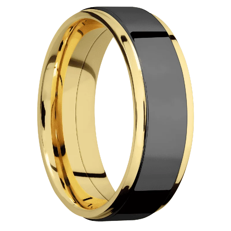 Men's polished brass rings with a warm glow14K Yellow Gold with Polish , Polish Finish and Zirconium Inlay Men's polished brass rings with a warm glow14K Yellow Gold with Polish , Polish Finish and Zirconium Inlay