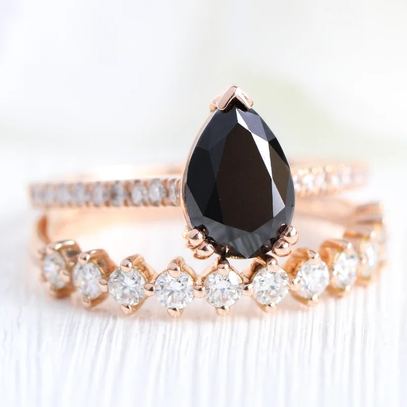 Cushion - Cut Women's Diamond Rings in Platinum with a Soft and Romantic AppearanceGrace Solitaire Black Diamond Ring Set w/ Pear Diamond and 4 Prong Wedding Band Cushion - Cut Women's Diamond Rings in Platinum with a Soft and Romantic AppearanceGrace Solitaire Black Diamond Ring Set w/ Pear Diamond and 4 Prong Wedding Band
