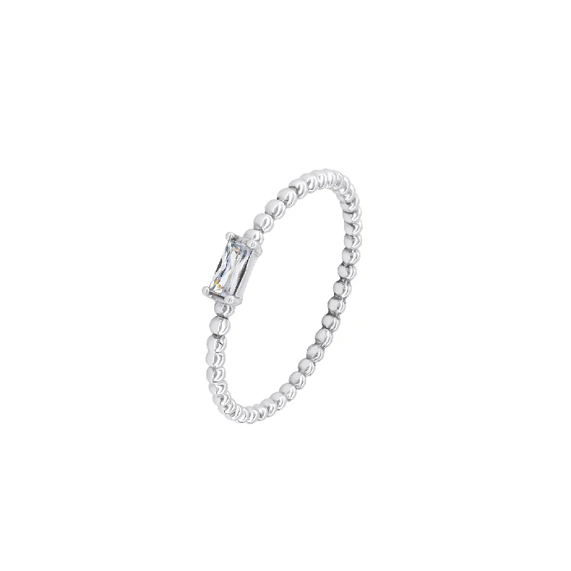Minimalist Fashion Rings in Stainless Steel with a Single Solitaire CrystalDew Baguette Zirconia Mini Beaded Ring 1886CZ Minimalist Fashion Rings in Stainless Steel with a Single Solitaire CrystalDew Baguette Zirconia Mini Beaded Ring 1886CZ