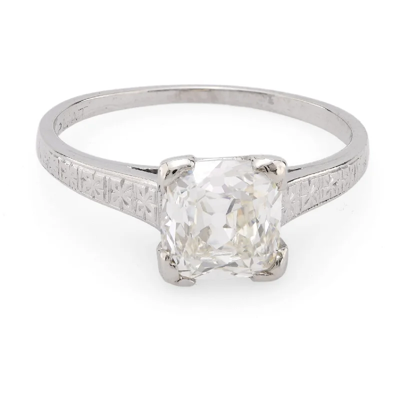 Art Deco .91 carat cushion cut diamond platinum engagement ring