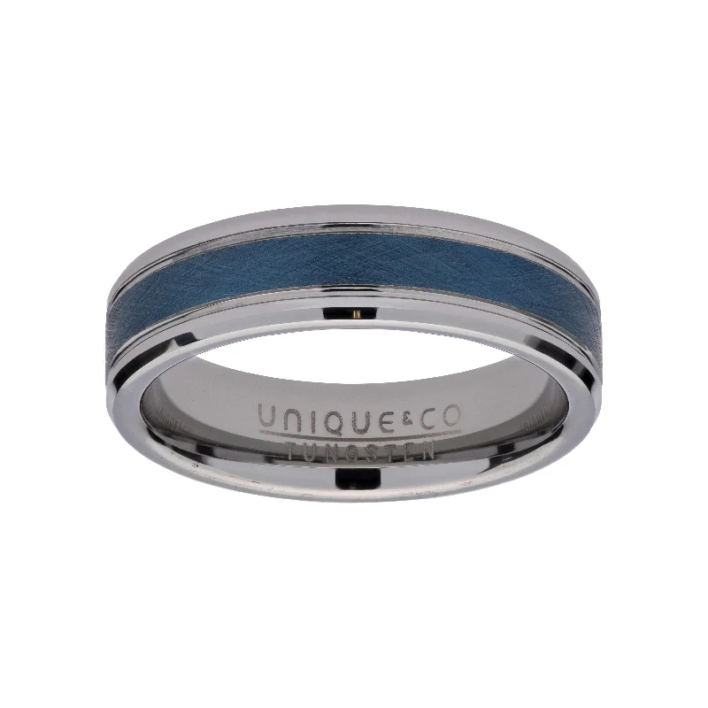 Men's beaded rings with semi - precious stonesUnique & Co 7mm Tungsten Ring with Blue IP Men's beaded rings with semi - precious stonesUnique & Co 7mm Tungsten Ring with Blue IP