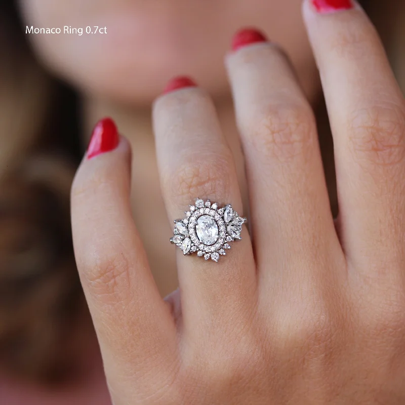 Cathedral - Style Women's Diamond Rings with a Raised Center Setting and Elaborate MetalworkOval Diamond Double Halo Engagement Ring , Monaco Cathedral - Style Women's Diamond Rings with a Raised Center Setting and Elaborate MetalworkOval Diamond Double Halo Engagement Ring , Monaco