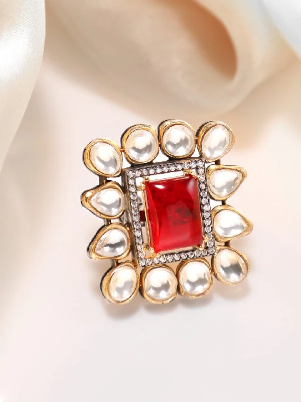 Engagement - Inspired Women's Rings with a Halo of Small DiamondsRubans Gold Plated Zirconia & Ruby Red Doublet Kundan Ring Engagement - Inspired Women's Rings with a Halo of Small DiamondsRubans Gold Plated Zirconia & Ruby Red Doublet Kundan Ring