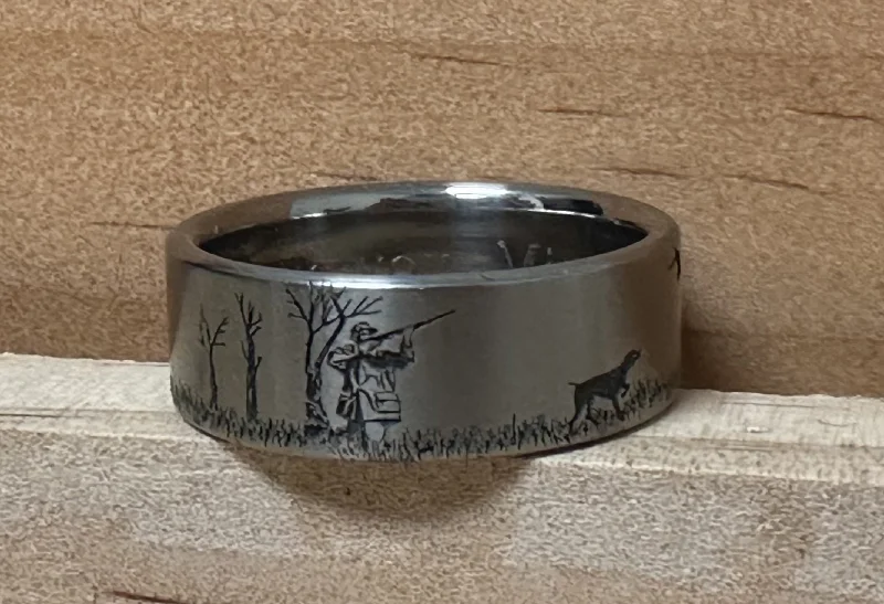 Two - Tone Titanium Rings Combining Silver and BlackPheasant Hunting Scene Ring