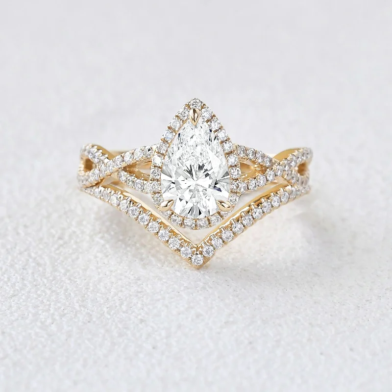 Channel - Set Women's Diamond Rings with Diamonds Securely Held in a Metal Groove for Durability1.0ct Pear Cut Halo Lab Grown Diamond Halo Engagement Ring Set 2pcs Channel - Set Women's Diamond Rings with Diamonds Securely Held in a Metal Groove for Durability1.0ct Pear Cut Halo Lab Grown Diamond Halo Engagement Ring Set 2pcs