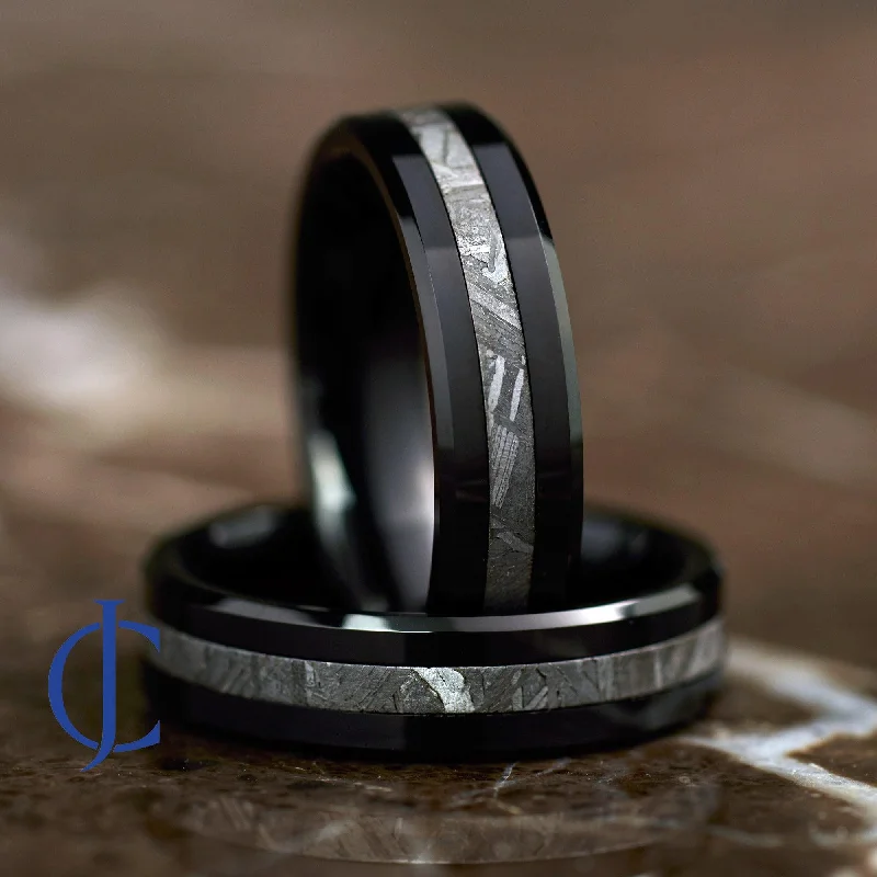 Engagement - Inspired Women's Rings with a Halo of Small DiamondsMUON BLACK - Meteorite Ring in Black Tungsten - 6MM Engagement - Inspired Women's Rings with a Halo of Small DiamondsMUON BLACK - Meteorite Ring in Black Tungsten - 6MM