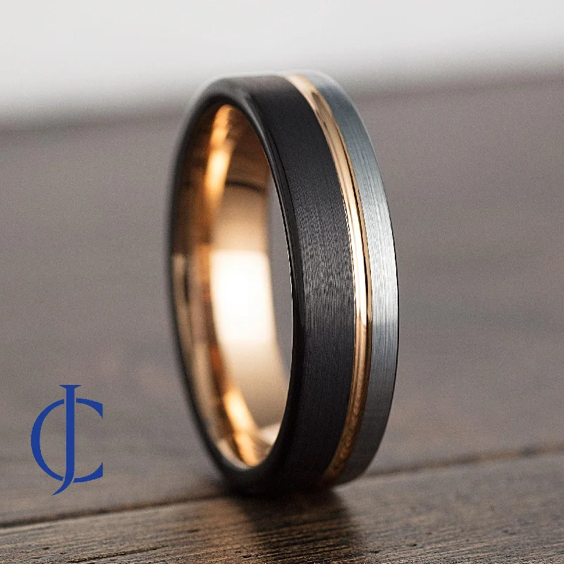 Women's Rings with Hidden Compartments for Secret KeepsakesRALEIGH - Rose Gold and Black Tungsten Carbide Ring - 6mm Wide Women's Rings with Hidden Compartments for Secret KeepsakesRALEIGH - Rose Gold and Black Tungsten Carbide Ring - 6mm Wide