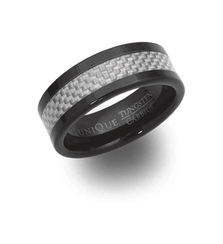 Men's budget - friendly rings for cost - conscious shoppersUnique & Co 8mm Black Tungsten Ring with Carbon Fibre Men's budget - friendly rings for cost - conscious shoppersUnique & Co 8mm Black Tungsten Ring with Carbon Fibre