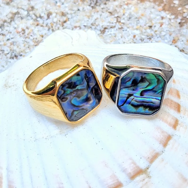 Men's beaded rings with semi - precious stonesPAUA SHELL SIGNET WATERPROOF 18K GOLD OR SILVER MEN'S RING Men's beaded rings with semi - precious stonesPAUA SHELL SIGNET WATERPROOF 18K GOLD OR SILVER MEN'S RING