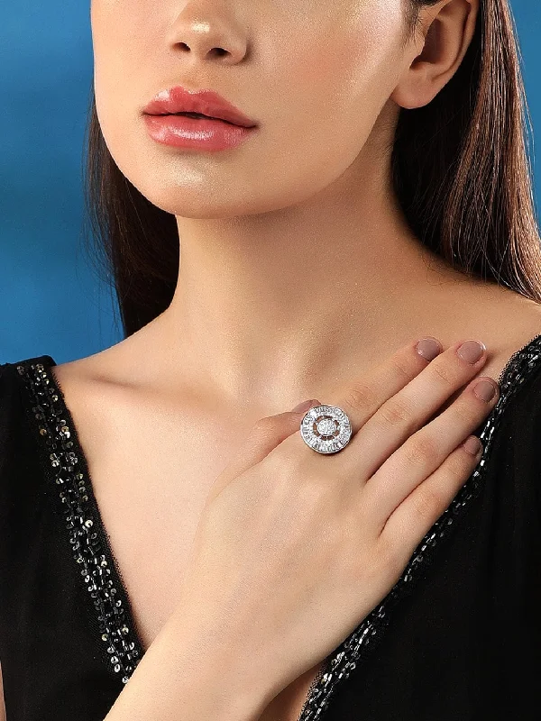 Women's 18K Gold Solitaire Diamond Ring for an Elegant Everyday LookRubans Rhodium Plated Baguette & Pave Zircons Studded Statement Adjustable Ring Women's 18K Gold Solitaire Diamond Ring for an Elegant Everyday LookRubans Rhodium Plated Baguette & Pave Zircons Studded Statement Adjustable Ring