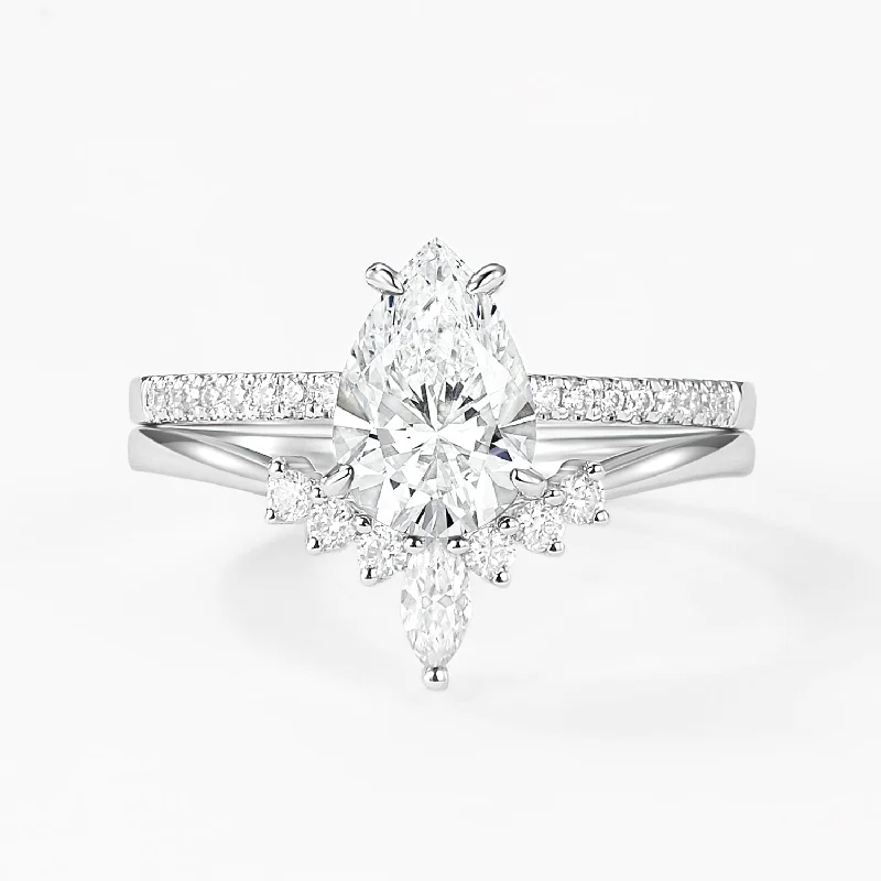 Art Deco - Inspired Women's Diamond Rings with Geometric Designs and Baguette - Cut DiamondsPear Lab Grown Diamond White Gold Ring Set 2pcs Art Deco - Inspired Women's Diamond Rings with Geometric Designs and Baguette - Cut DiamondsPear Lab Grown Diamond White Gold Ring Set 2pcs