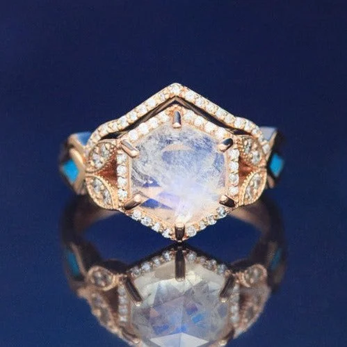 "LUCY IN THE SKY" - FACETED HEXAGON CUT MOONSTONE WEDDING BAND WITH DIAMOND HALO, TURQUOISE INLAYS & A DIAMOND TRACER "LUCY IN THE SKY" - FACETED HEXAGON CUT MOONSTONE WEDDING BAND WITH DIAMOND HALO, TURQUOISE INLAYS & A DIAMOND TRACER