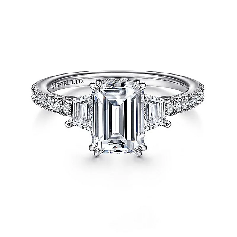 Halo - Style Women's Diamond Rings with a Center Diamond Surrounded by Smaller Diamonds in 18K Gold18K White Gold 'Willow' Three Stone Emerald Cut Diamond Engagement Ring Halo - Style Women's Diamond Rings with a Center Diamond Surrounded by Smaller Diamonds in 18K Gold18K White Gold 'Willow' Three Stone Emerald Cut Diamond Engagement Ring