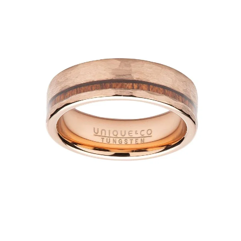 Men's tribal - print rings for a unique aestheticUnique & Co Wood Inlay with Hammered Rose IP Ring Men's tribal - print rings for a unique aestheticUnique & Co Wood Inlay with Hammered Rose IP Ring