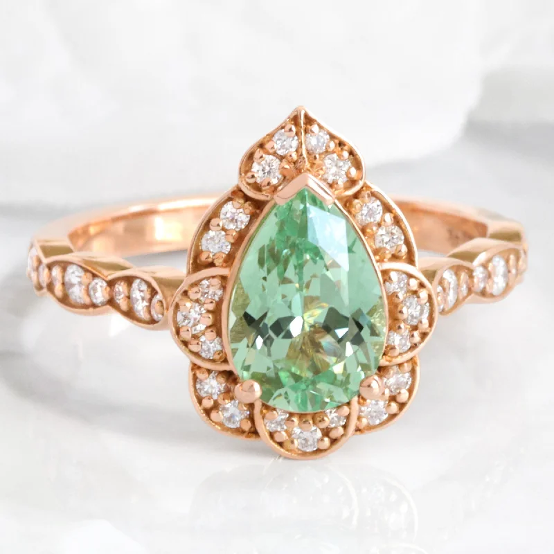 Men's Topaz Engagement Rings in 10K Gold with a Channel - Set Diamond BandLarge Pear Cut Green Sapphire Ring in Vintage Floral Diamond Band Men's Topaz Engagement Rings in 10K Gold with a Channel - Set Diamond BandLarge Pear Cut Green Sapphire Ring in Vintage Floral Diamond Band