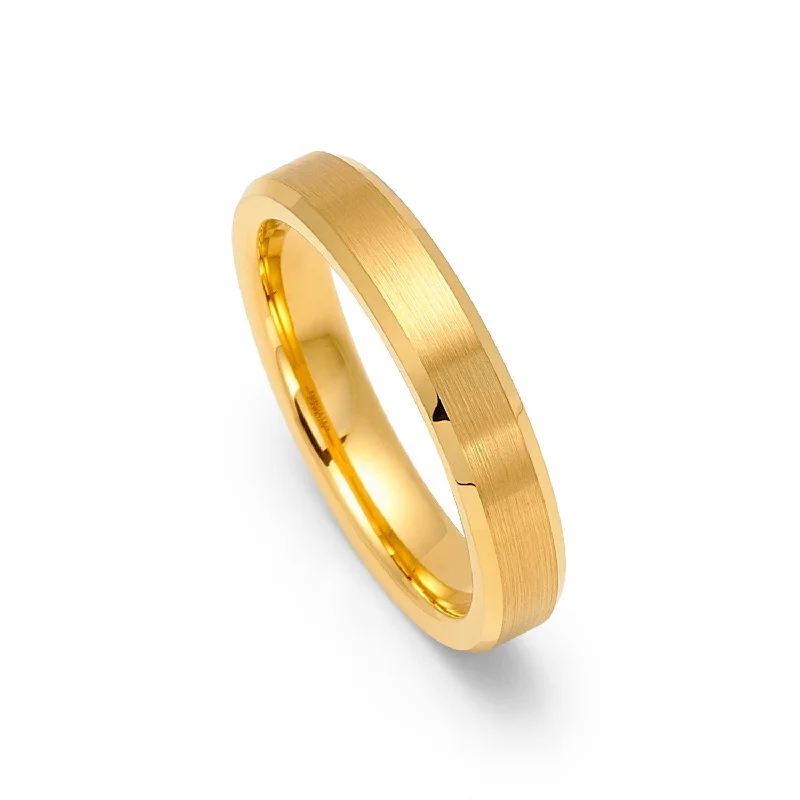 Engagement - Inspired Women's Rings with a Halo of Small Diamonds4mm - 14k Yellow Gold Tungsten Carbide Wedding Band Beveled Edges Brush Center Engagement - Inspired Women's Rings with a Halo of Small Diamonds4mm - 14k Yellow Gold Tungsten Carbide Wedding Band Beveled Edges Brush Center