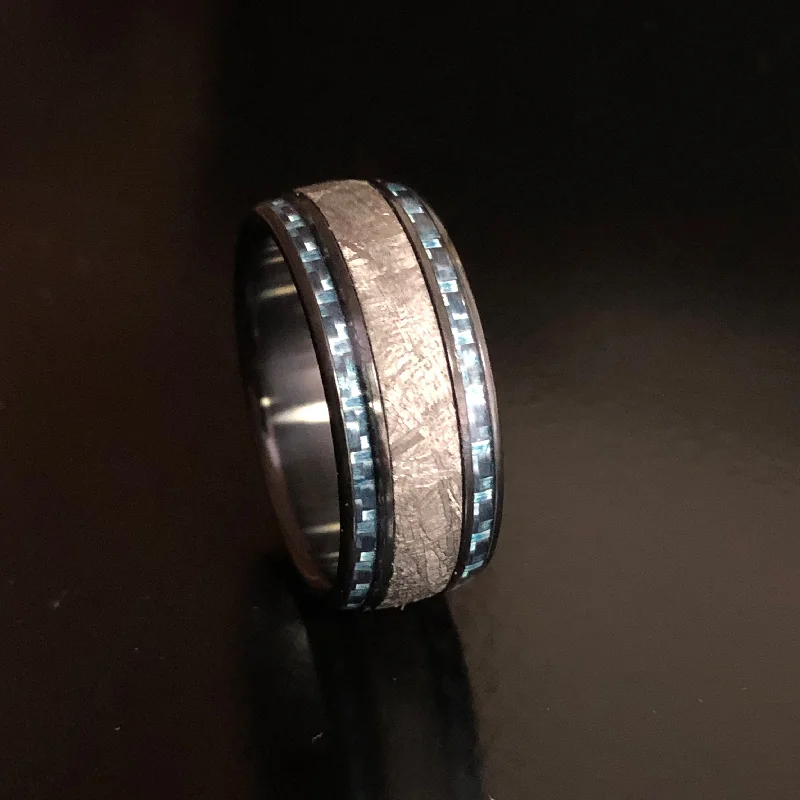 Titanium Rings with a Vintage - Style Filigree and Rhinestone DesignBlack Zirconium with Meteorite and Twin Light Blue Carbon Fiber Titanium Rings with a Vintage - Style Filigree and Rhinestone DesignBlack Zirconium with Meteorite and Twin Light Blue Carbon Fiber