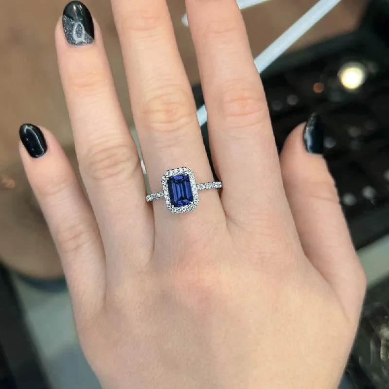 Men's Tourmaline Engagement Rings in 18K Two - Tone Gold with a Floral - Inspired Setting2.40 Carat Emerald Shape Halo Blue Sapphire Engagement Ring Men's Tourmaline Engagement Rings in 18K Two - Tone Gold with a Floral - Inspired Setting2.40 Carat Emerald Shape Halo Blue Sapphire Engagement Ring