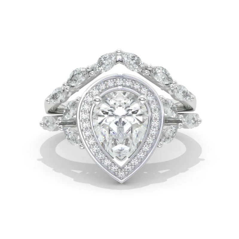 14K White Gold 1.5 Carat Pear Moissanite Halo Twisted Engagement Ring Eternity Ring Set 14K White Gold 1.5 Carat Pear Moissanite Halo Twisted Engagement Ring Eternity Ring Set
