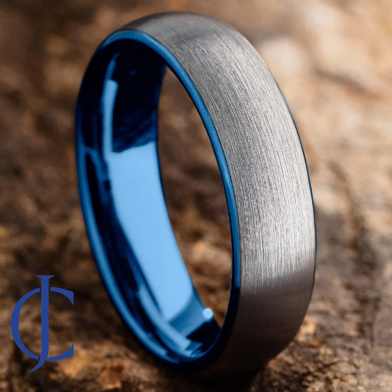 Engagement - Inspired Women's Rings with a Halo of Small DiamondsAEGIS BLUE - Blue and Silver Brushed Tungsten Ring - 6mm Engagement - Inspired Women's Rings with a Halo of Small DiamondsAEGIS BLUE - Blue and Silver Brushed Tungsten Ring - 6mm