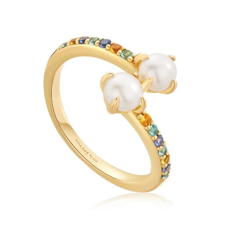 Statement - Making Fashion Rings in Gold - Plated Brass with Oversized Cubic Zirconia StonesAnia Haie Gold Gem Pearl Wrap Ring R054-03G Statement - Making Fashion Rings in Gold - Plated Brass with Oversized Cubic Zirconia StonesAnia Haie Gold Gem Pearl Wrap Ring R054-03G