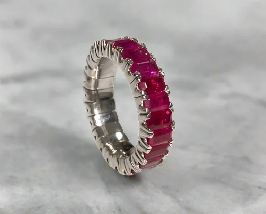 Khloe 6.82 Carats Emerald Cut Ruby Gemstone Eternity Band in 18k White Gold By Mike Nekta NYC Khloe 6.82 Carats Emerald Cut Ruby Gemstone Eternity Band in 18k White Gold By Mike Nekta NYC
