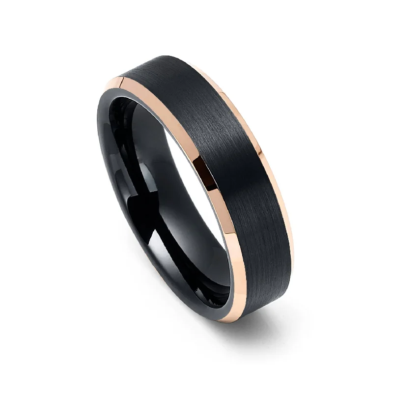 Tennis - Style Women's Rings with a Row of Round Diamonds in Platinum6mm - Rose Gold Tungsten Carbide Wedding Band Shiny Beveled Edges Brushed Black Center Tennis - Style Women's Rings with a Row of Round Diamonds in Platinum6mm - Rose Gold Tungsten Carbide Wedding Band Shiny Beveled Edges Brushed Black Center